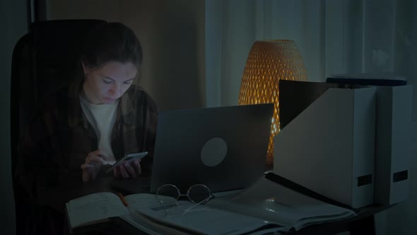 Woman Works At home Late At Night