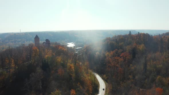 Aerial View of the Sigulda City in Latvia During Golden Autumn