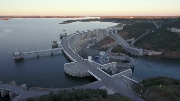 Portuguese Hydroelectric Power Station on the Dam of the Alqueva Lake River Aerial View