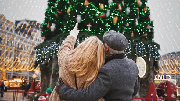 Back View Shot on Happy Senior Couple Enjoying City Christmas Tree Walking Together Outdoors Below