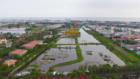 Aerial top view of The Ancient Siam City, the museum park with lake, in Samut Prakan Province