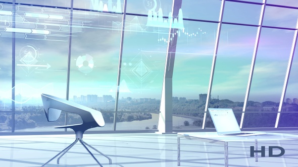 Laptop In A Large Bright Office With Animated Infographics HD alt