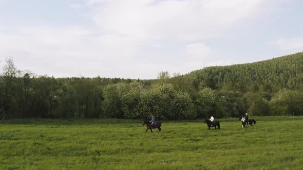 Three Riders Follow Each Other Across the Field