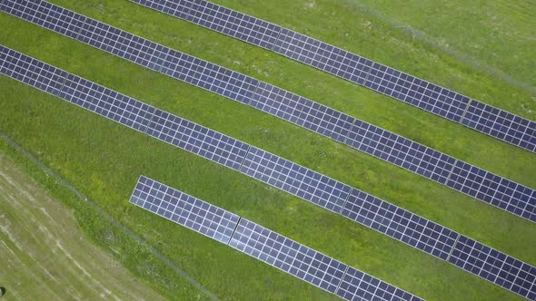Aerial landing shot showing Solar Panel Farm Sun Energy Conservation Power Supply Sunset Green