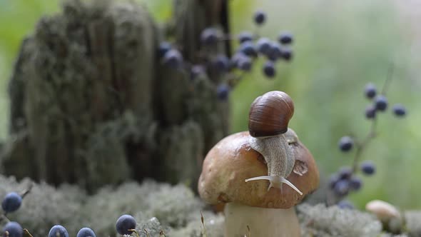 A Large Snail Crawls on a White Mushroom in the Forest. Soft Selective Focus