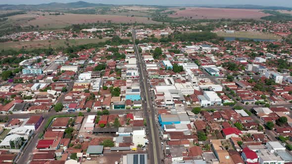 Aerial view of streets and houses of a small city of Brazil in the countryside.