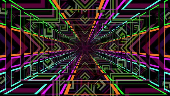 Kaleidoscope stars seen through neon tunnel