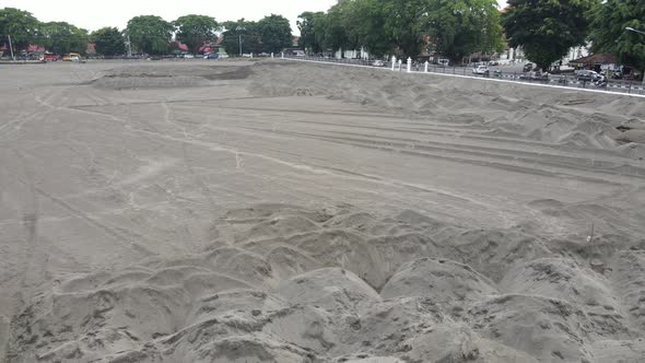 Aerial view of the Yogyakarta Palace (Keraton) field which is being replaced by white sand to mainta