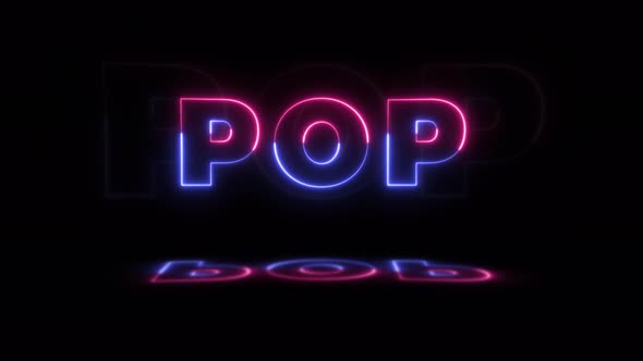 Neon glowing word 'POP' on a black background with reflections on a floor alt