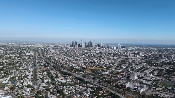 Top down view of downtown in summer on a sunny day, Los Angeles, California.