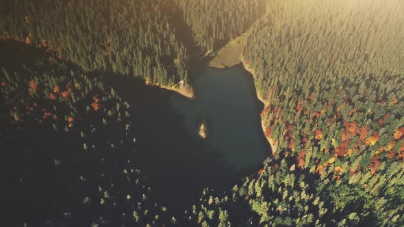 High Mountain Lake Sunrise Wood Scene Aerial View