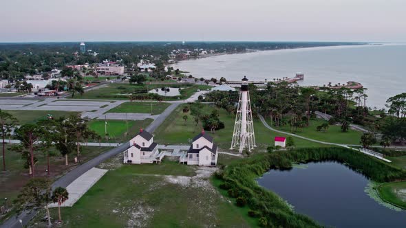 Aerial view of Cape San Blas lighthouse, keeper's house and St. Joseph Bay in Florida