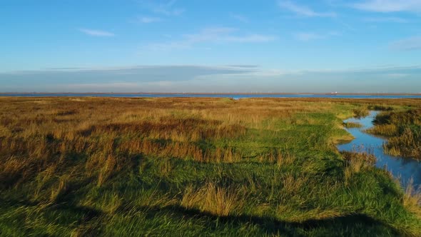 Aerial view above of wide wetland ecosystem near the ocean, Netherlands.