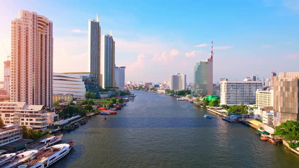 Aerial view over Bangkok city and Chao phraya river