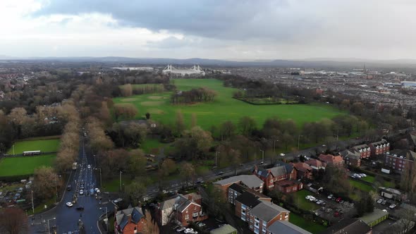 A panoramic shot of Moor Park and Deepdale stadium on a cloudy winter day