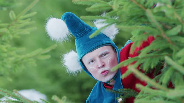 Curious Christmas elf hiding behind branches