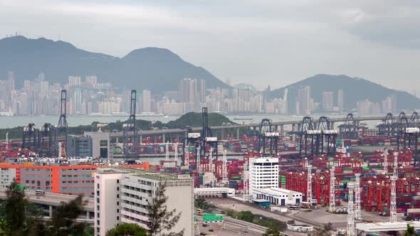 Timelapse Modern Hong Kong Port with Container Terminal