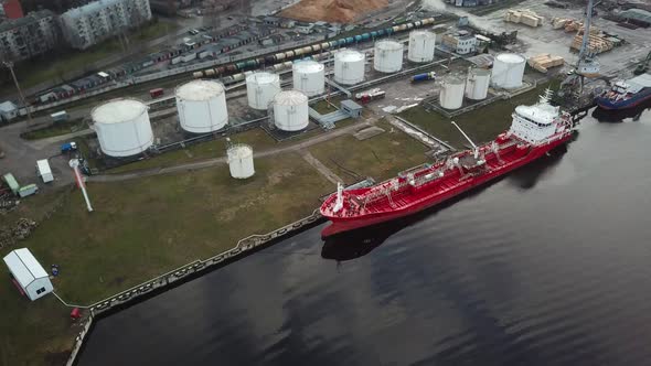 Oil tanker drone aerial view in port