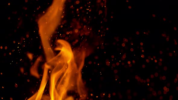 Super Slow Motion Shot of Fire and Sparks Isolated on Black Background at 1000Fps alt