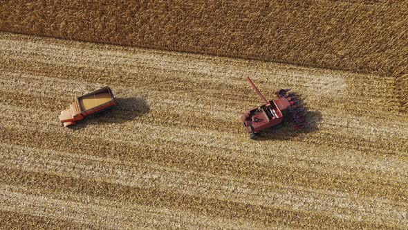 Combine Harvester and a Truck Drive in Different Directions in the Field