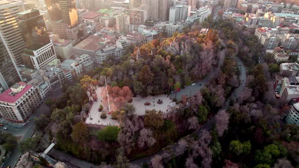 An aerial orbit of Caupolican terrace at Santa Lucia Hill, Downtown Santiago, Chile