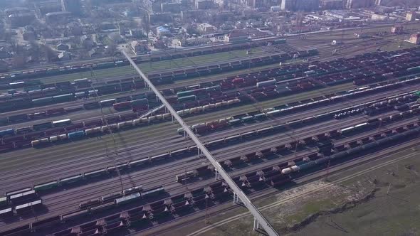 Aerial View of Railway Sorting Station and A Lot of Wagons at a Railway