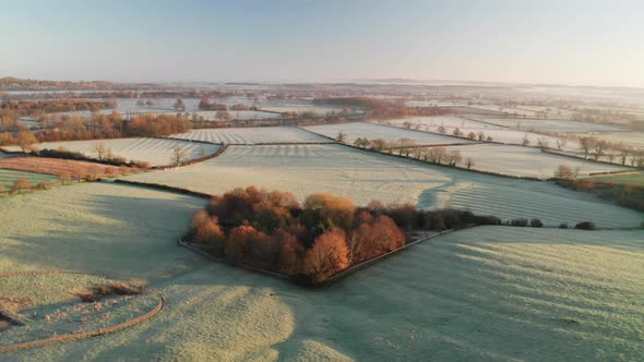 Aerial drone video of rural countryside landscape scenery with orange autumn trees and green fields 