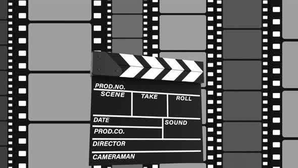 Clapboard Doing Action Against Black Film Strip Moving on the White Background