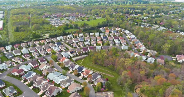 Aerial view over suburban homes and roads aerial view of residential
