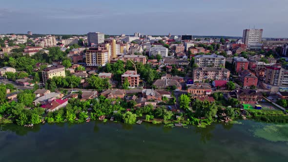 Calm River Along Europian Small Town