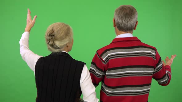 An Elderly Couple Stands with Back To the Camera and Looks at the Green Screen Background in Studio