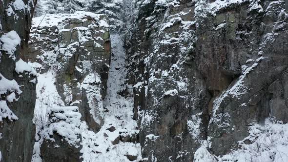 Aerial View of Snow on Steep Cliffs of Vlci Jamy (Wolf Pit), Natural Monument of Czech Republic. Col