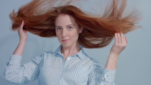 Gingerhead Red Hair, Ginger Hair Model with Blue Eyes on Blue Background