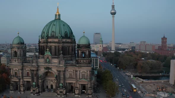 Forwards Fly Around Berlin Cathedral in Twilight Time