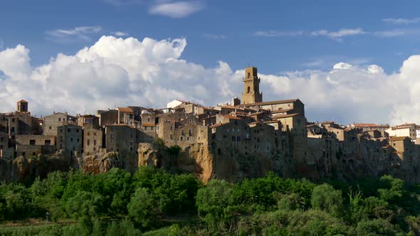 Pitigliano, Italy. Panoramic Shot of the Town with a Tower and Houses