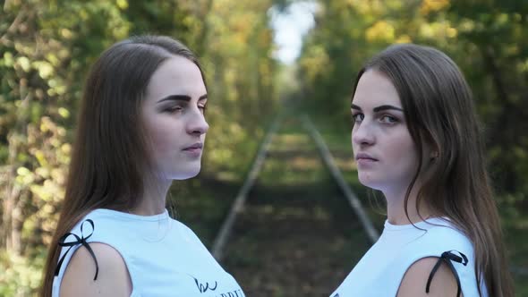 Twins Girls Railroad Look Camera Green Nature Background