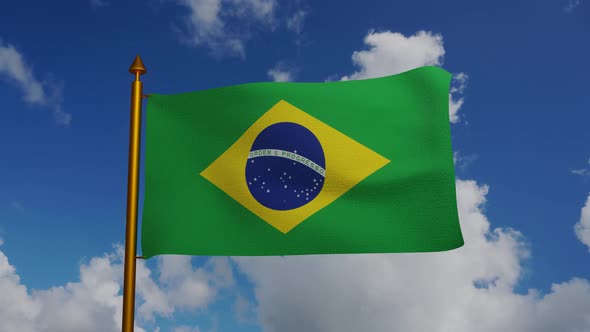 National flag of Brazil waving with flagpole and blue sky timelapse