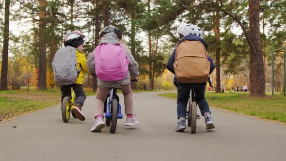 Cute Kids Riding Balance Bikes Together in Park