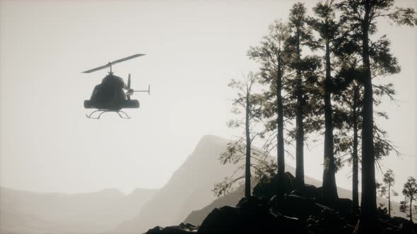 Extreme Slow Motion Flying Helicopter Near Mountain Forest