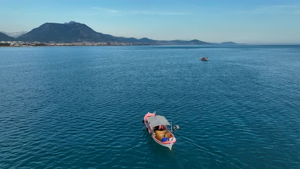 Fishing boat goeas to sea aerial view Turkey Alanya 4 K