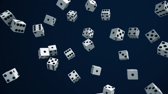 White dice falling on blue background