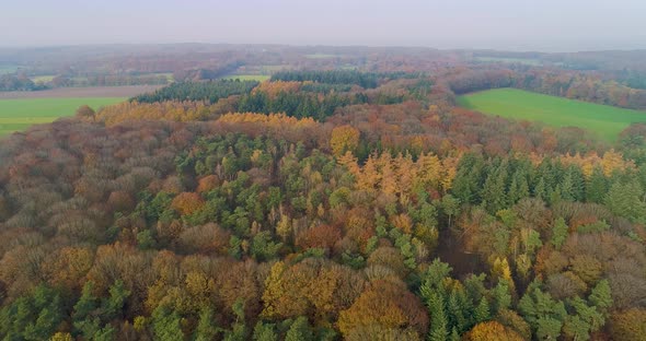 Aerial view of hills and autumn forest, Berg en Dal, Gelderland, Netherlands.