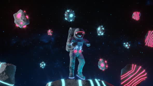 Funny Dancing Astronaut With Neon Light Asteroids In Space