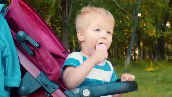 Little kid eating ice cream in the park