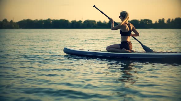 Woman Meditating Pose Sup Board On Vacation.Cross-Legged No Stress Leisure Surfing Boat Fitness Work