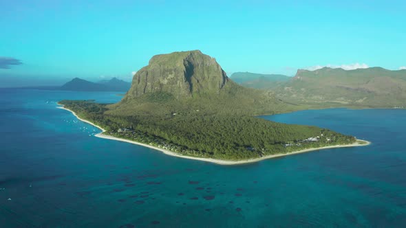 Aerial View Indian Ocean and Le Morne Brabant Mountain in Evening Mauritius Island