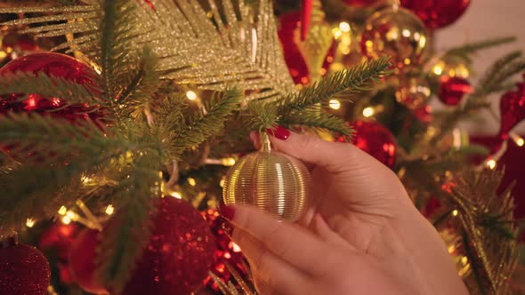 Close Up Woman Decorate with Ball Christmas Fir