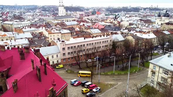 Aerial view of a drone flying over the building.