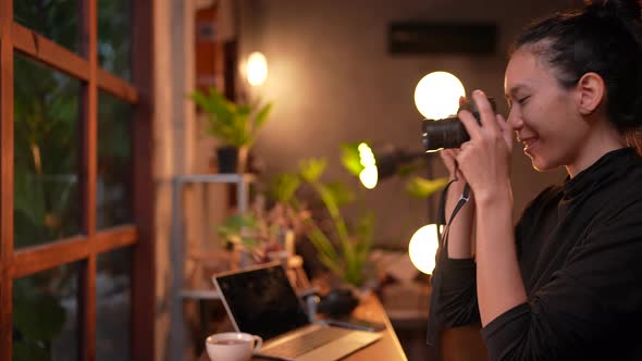 photographer tourist take photo on camera lens at cafe,traveler hipster shooting video blogger