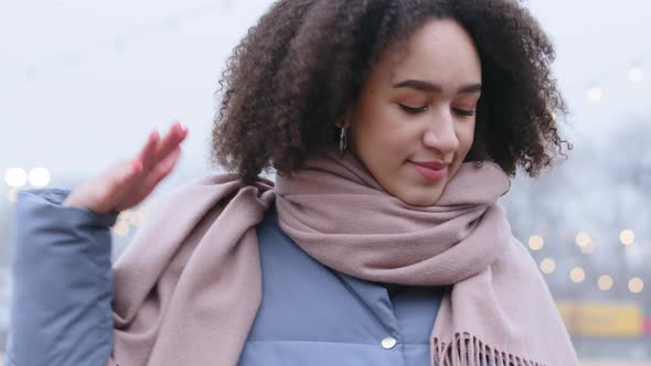 Active Afro American Girl Successful Model Curly Woman Celebrating Weekend Rejoices Walking in Fresh